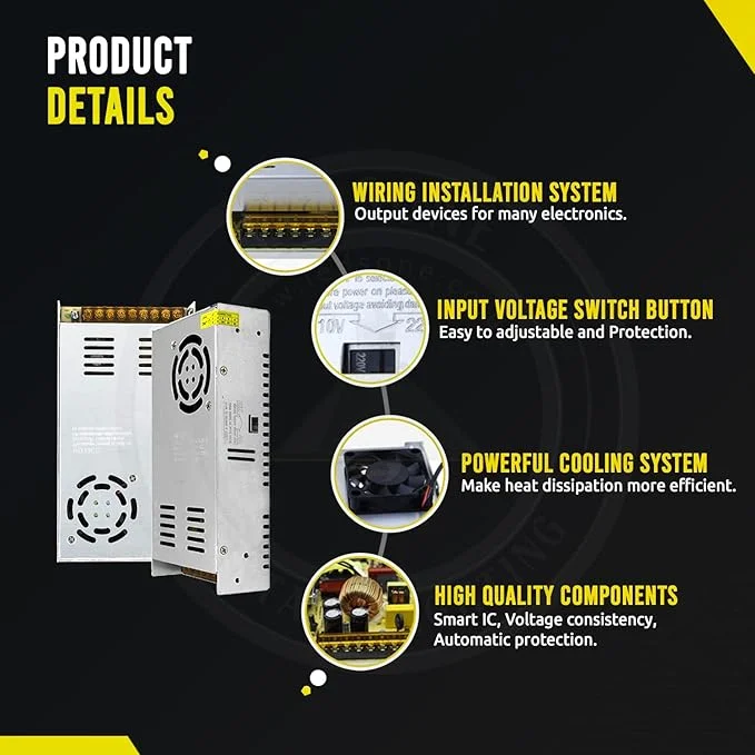 Rectangular 200W 12V regulated switching power supply with aluminium casing and ventilation grilles.
