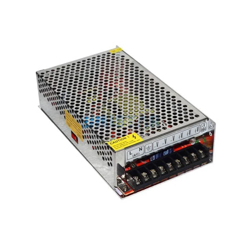 Compact 200W 12V DC transformer in aluminium housing with panels displaying a 12V output label.