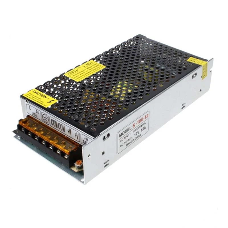 12V LED transformer in aluminium housing with honeycomb cooling, fan, and ventilation holes.