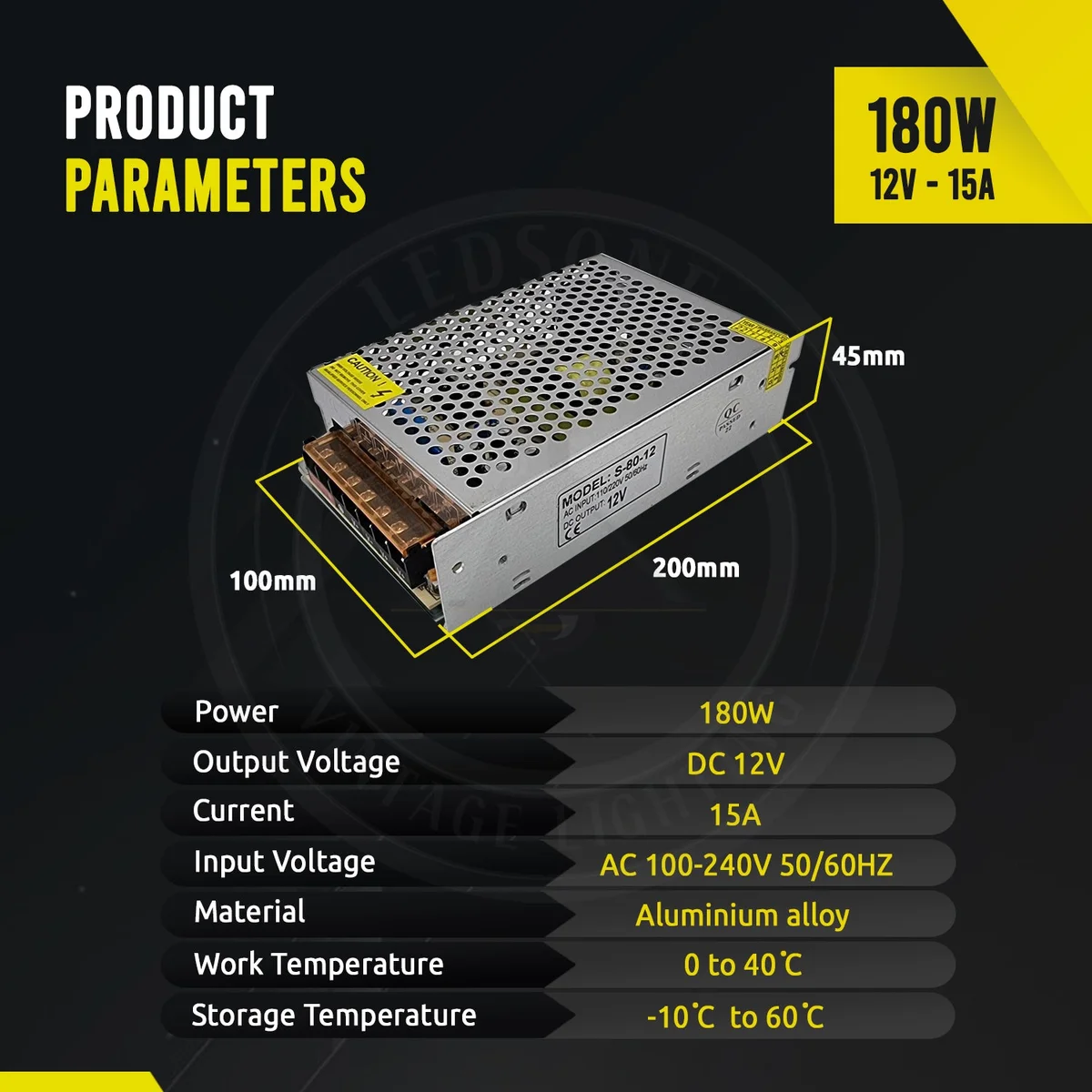 12V 180W power supply with aluminium housing, honeycomb ventilation, built‑in cooling fan, and IP20 rating label.