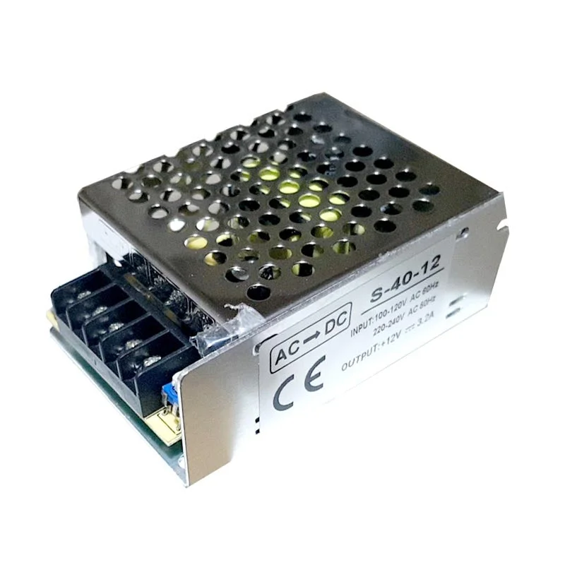 Compact IP20 12V LED power supply unit 40W 3.3A output switchable from AC 110V/230V, enclosed for LED strips and devices.