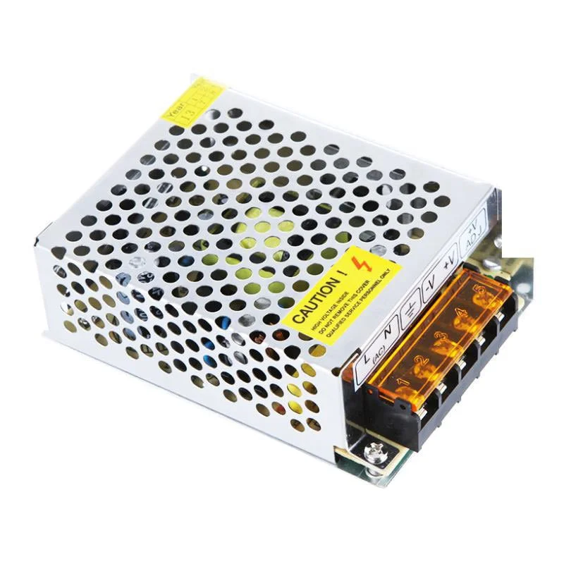 Compact black power supply box labeled DC12V LED transformer with AC input terminals and enclosed metal casing