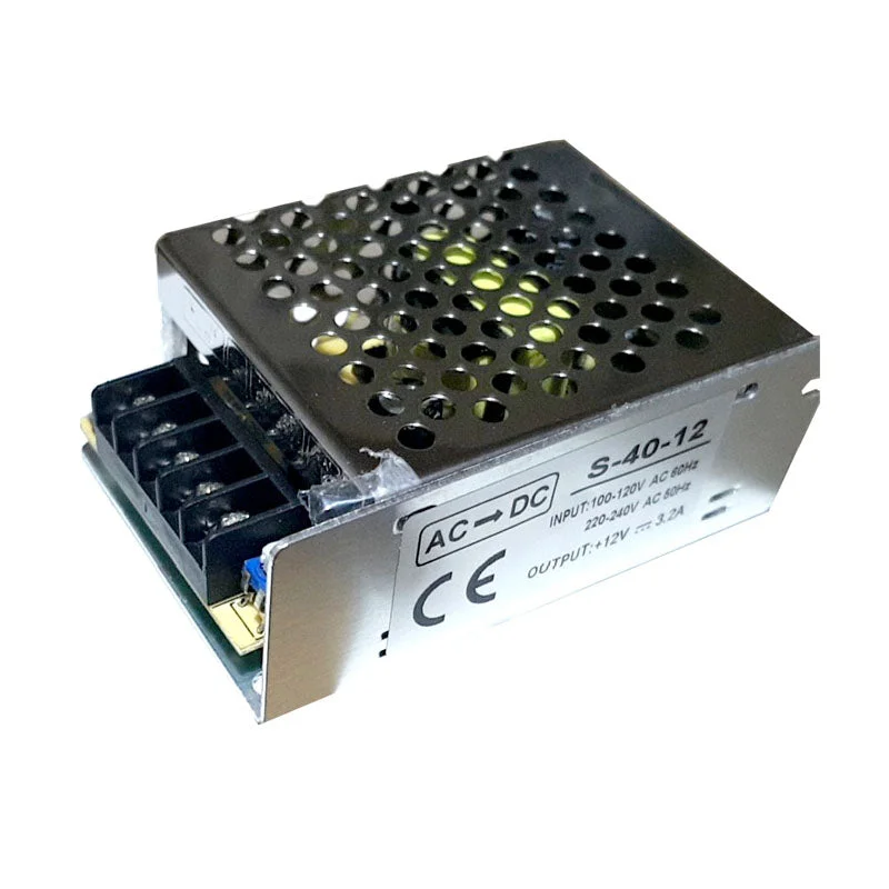 IP20 LED transformer with rectangular black case, labeled DC12V 40W, 3.3A, switch input for AC110/230V.