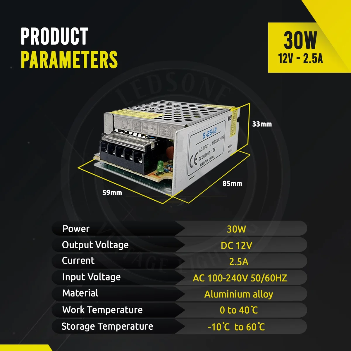 AC‑to‑DC constant voltage LED driver, 12V 30W, phone-size aluminium box with screw terminals.