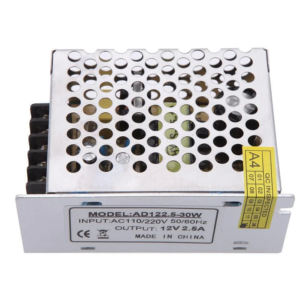 12V LED transformer: rectangular aluminum alloy housing with screw terminals, 110mm×119mm×50mm, labelled DC12V 30W 2.5A