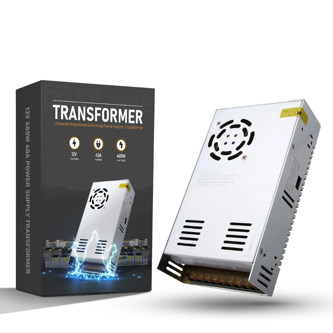 12V 480W LED transformer in compact aluminium housing with built‑in cooling fan and honeycomb ventilation