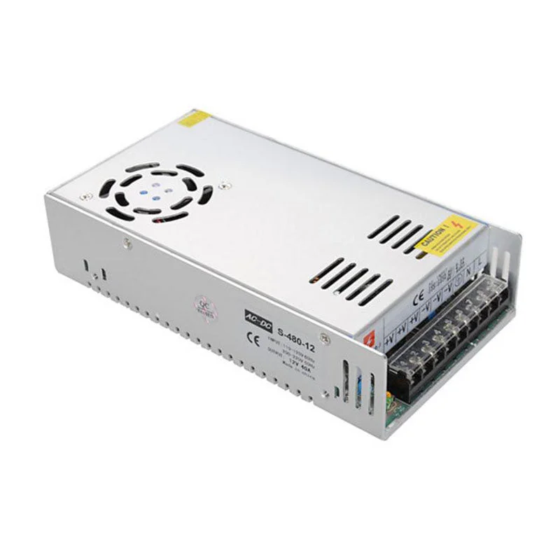 Aluminium housed 12V 480W LED transformer with 40A output, 100-240V input, metal body and cooling fan.