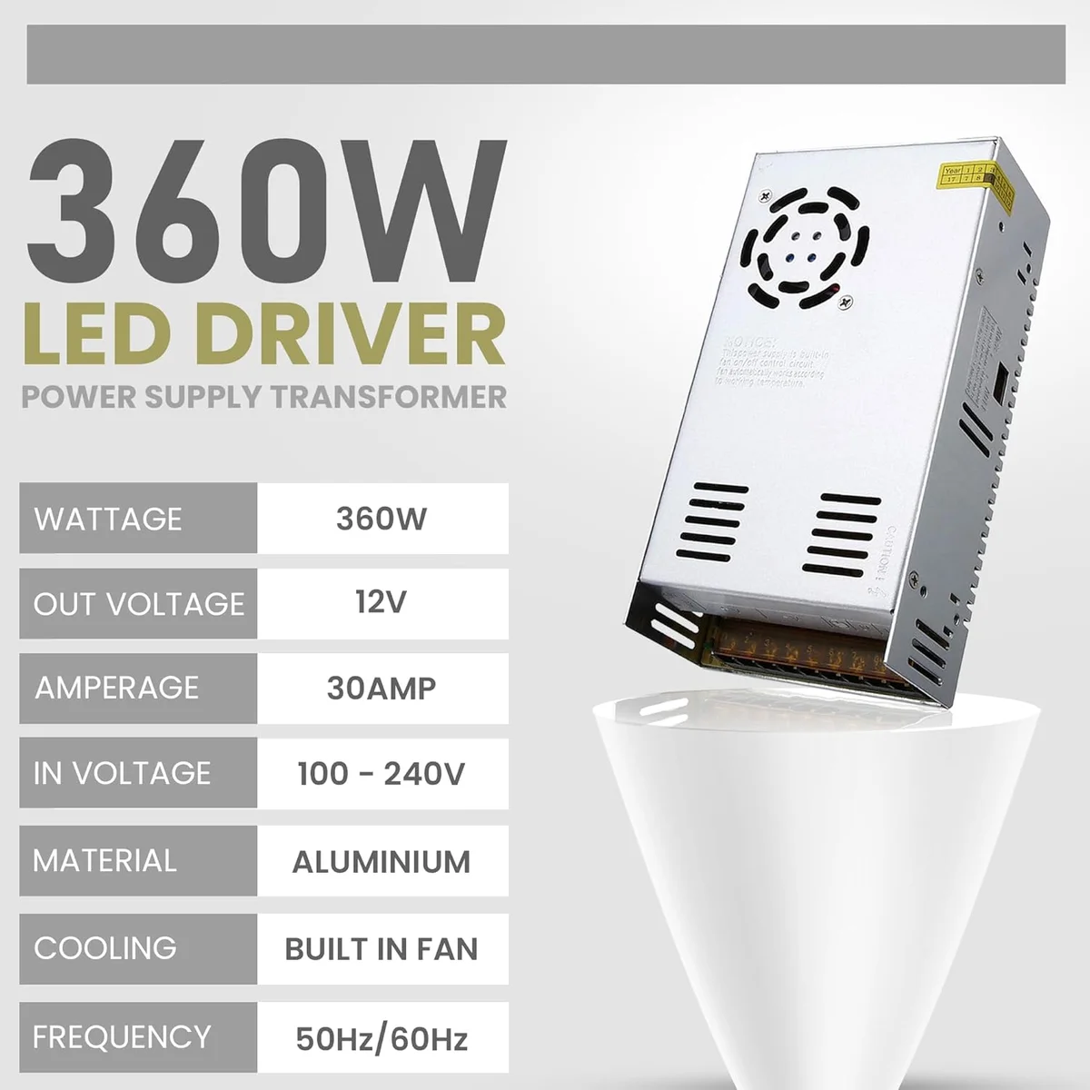 12V 30A power supply with metal honeycomb grille, built‑in cooling fan, screw terminals and aluminium alloy enclosure