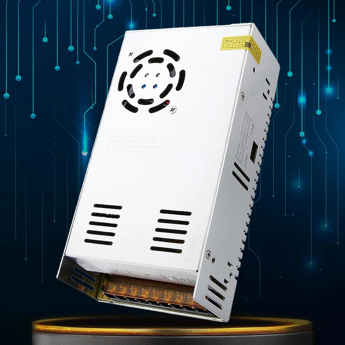 360W DC power supply with 3‑way screw terminals, metal honeycomb grill, cooling fan, aluminium alloy case