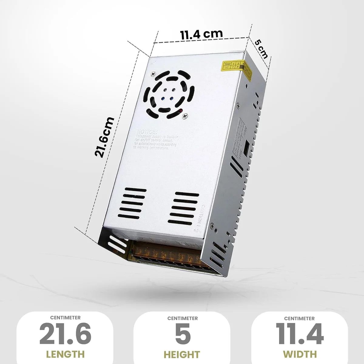 universal 12V transformer with metal honeycomb cooling fan, screw terminals and aluminium alloy enclosure.