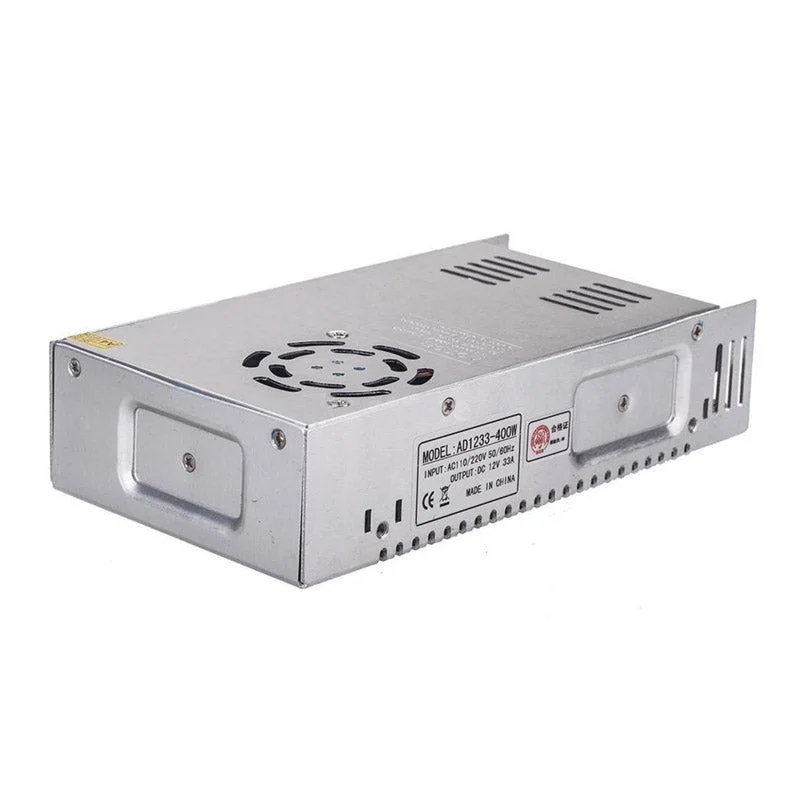 12V LED transformer with aluminium housing, screw terminals, no fan, labelled 400W 33A output, IP20 housing.