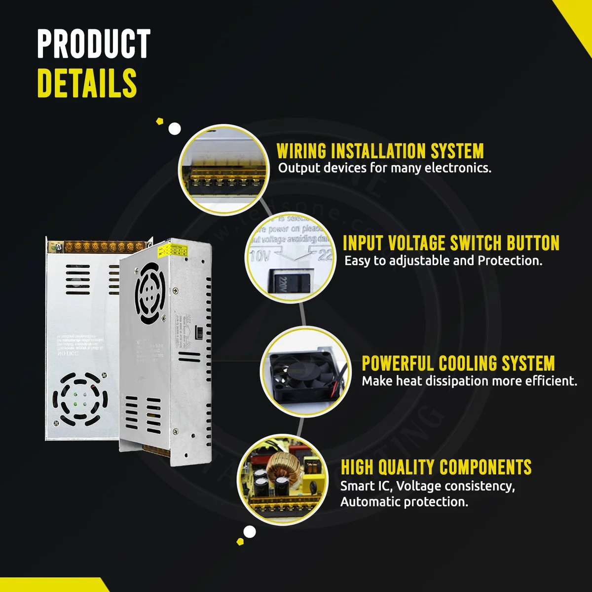 Aluminium rectangular switching power supply 400W, 12V DC, with screw terminals, IP20 rated.