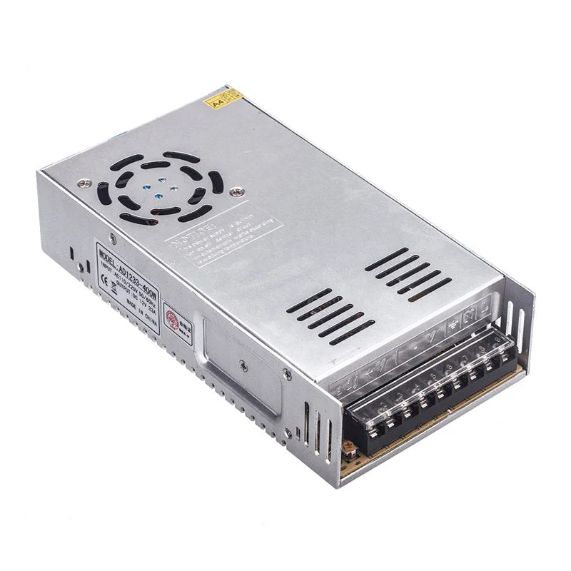 12V LED transformer with screw terminals, aluminium shell, 400W rated, rectangular case, dimensions 216mm x 114mm x 50mm