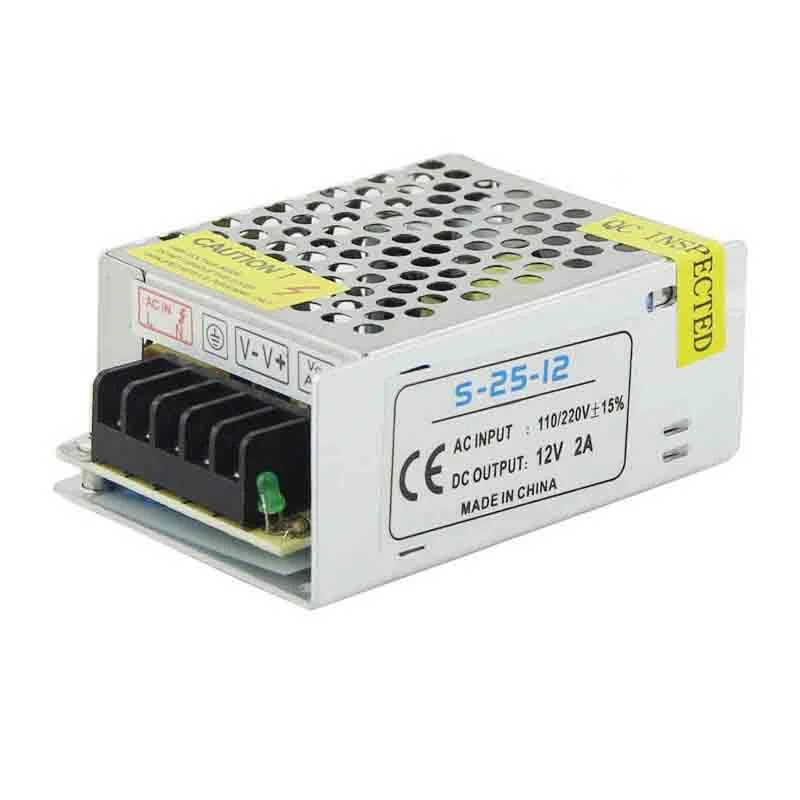 12V DC power supply with aluminium alloy body, rounded corners, screw terminals, front ventilation and visible cooling fan