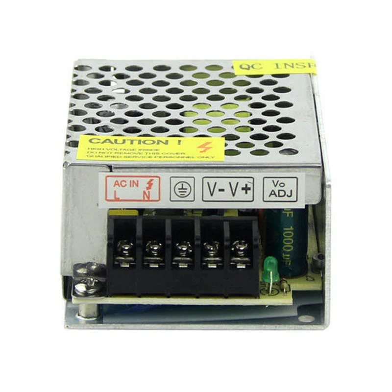 Compact 12V 24W power adapter with metal honeycomb shell, screw terminals, and molded plastic housing.