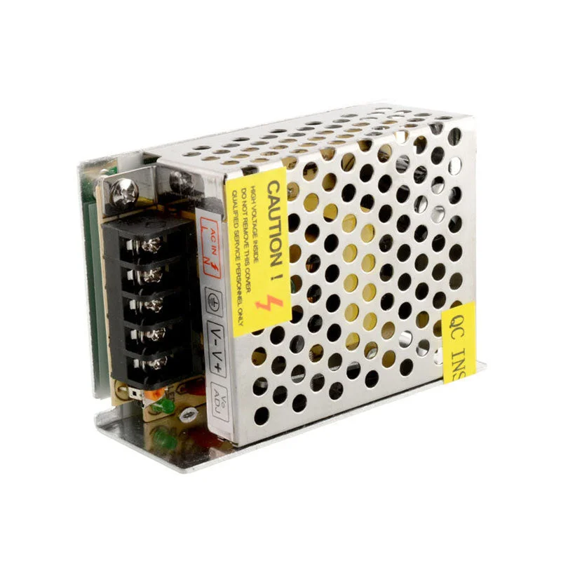 Compact 12V 24W universal DC power supply with aluminum alloy housing, screw terminals, and a cooling fan.