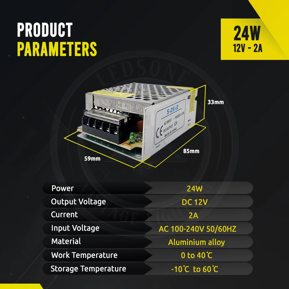 Screw terminal power supply: 12V DC 24W unit with metal honeycomb shell, low‑profile beige case, 100‑240V input.