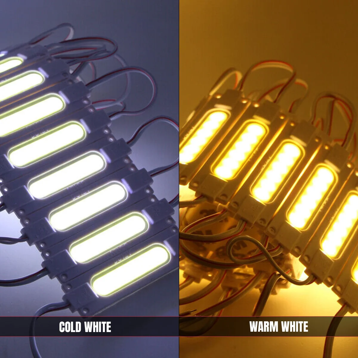 Sachet of 10 waterproof LED modules in cool‑white light with adhesive tape and aluminium PCB, shown beside a white surface.