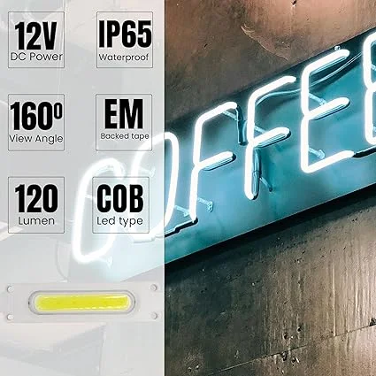 Bright white LED strip of 10 modules on adhesive backing, aluminium PCB, 70mm × 19mm × 5mm, IP65 waterproof.
