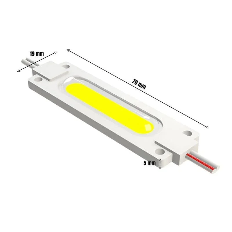 Waterproof LED module on aluminium PCB, 70mm long, 19mm wide, with blue adhesive backing, emitting cool white light.