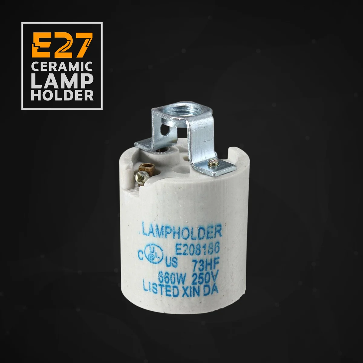 High temperature bulb holder in metal and porcelain design, E27 screw base socket, ready for 60W lamps, shown against a light background.