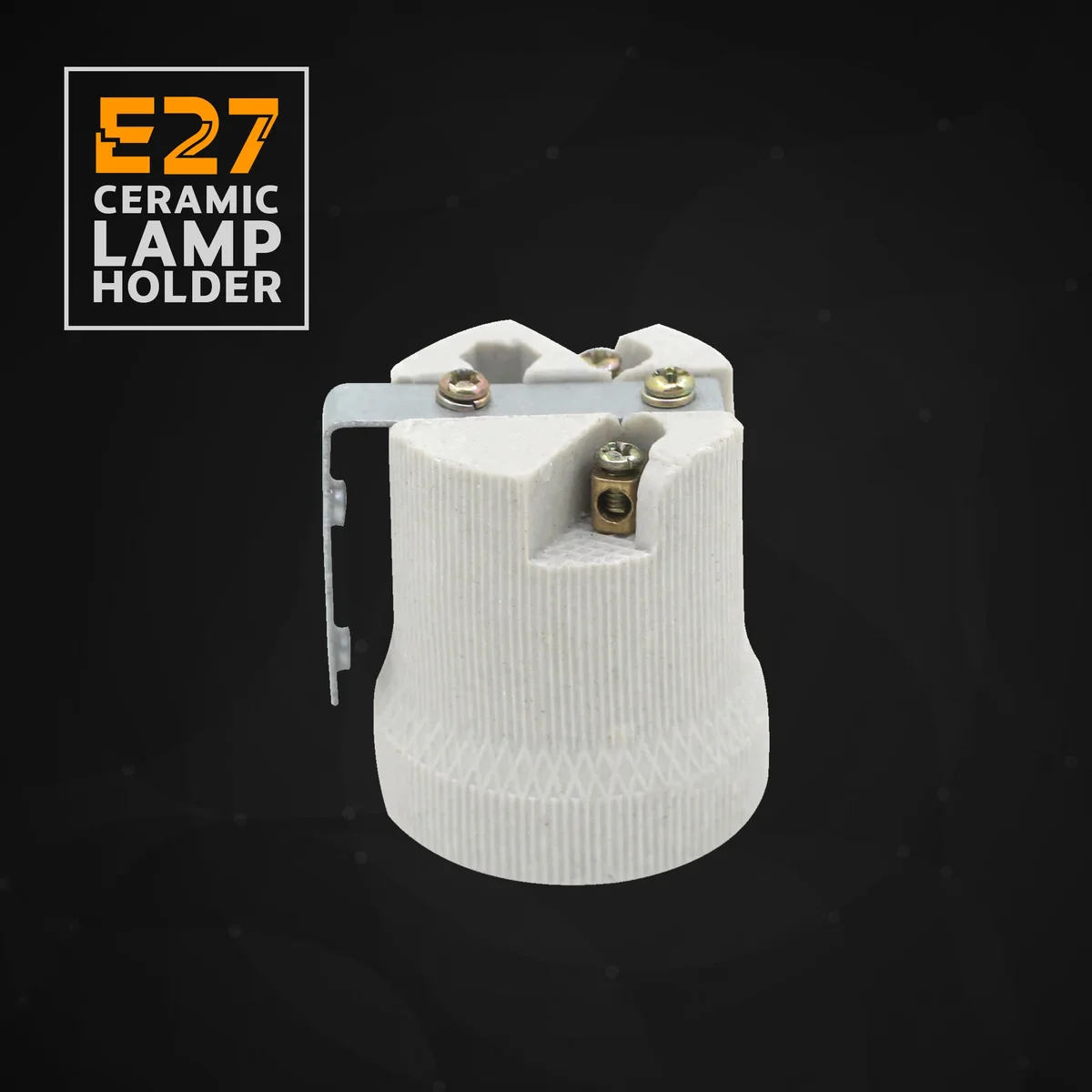 Vintage E27 ceramic bulb holder with metal screw base and porcelain heat‑resistant socket, for heat lamps and indoor fixtures.