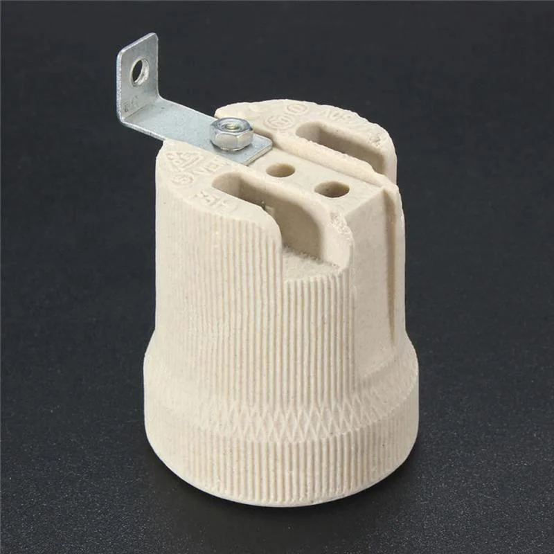 White ceramic E27 porcelain bulb socket with metal base, suitable for LED, CFL, halogen, and incandescent bulbs up to 60W.