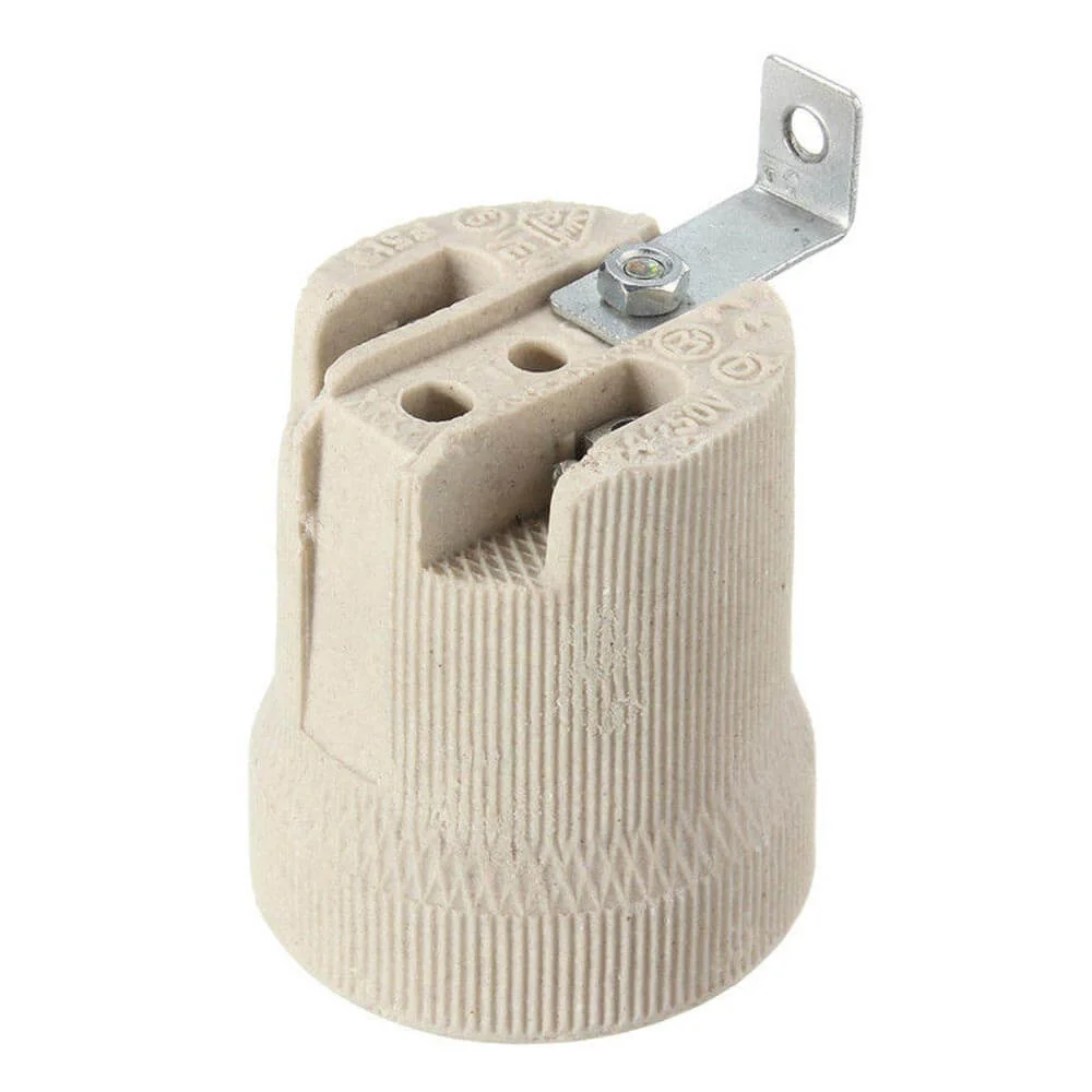 White ceramic light fitting with E27 screw base, porcelain lamp holder for LED, CFL, halogen, inc. bulbs up to 60W.