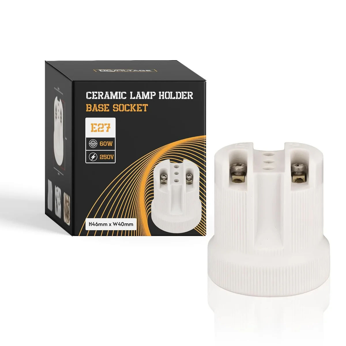 White E27 porcelain lampholder, cylindrical ceramic with ribbed texture for heat‑resistant lighting.