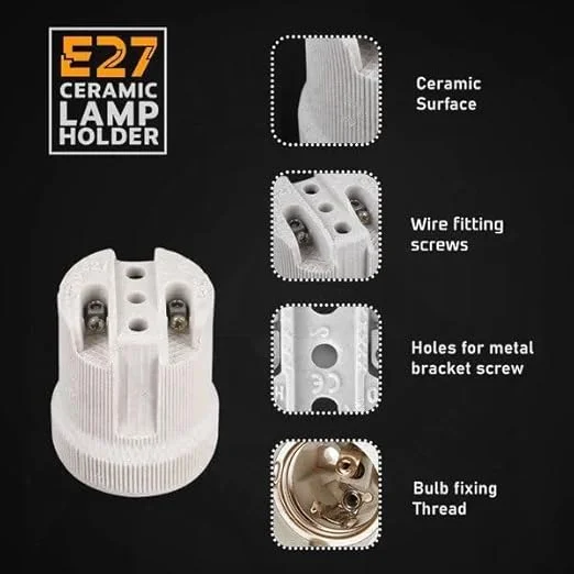Classic white ceramic lamp holder socket with ribbed surface and screw base, 5cm high, 3.5cm diameter, ready for E27 bulbs.
