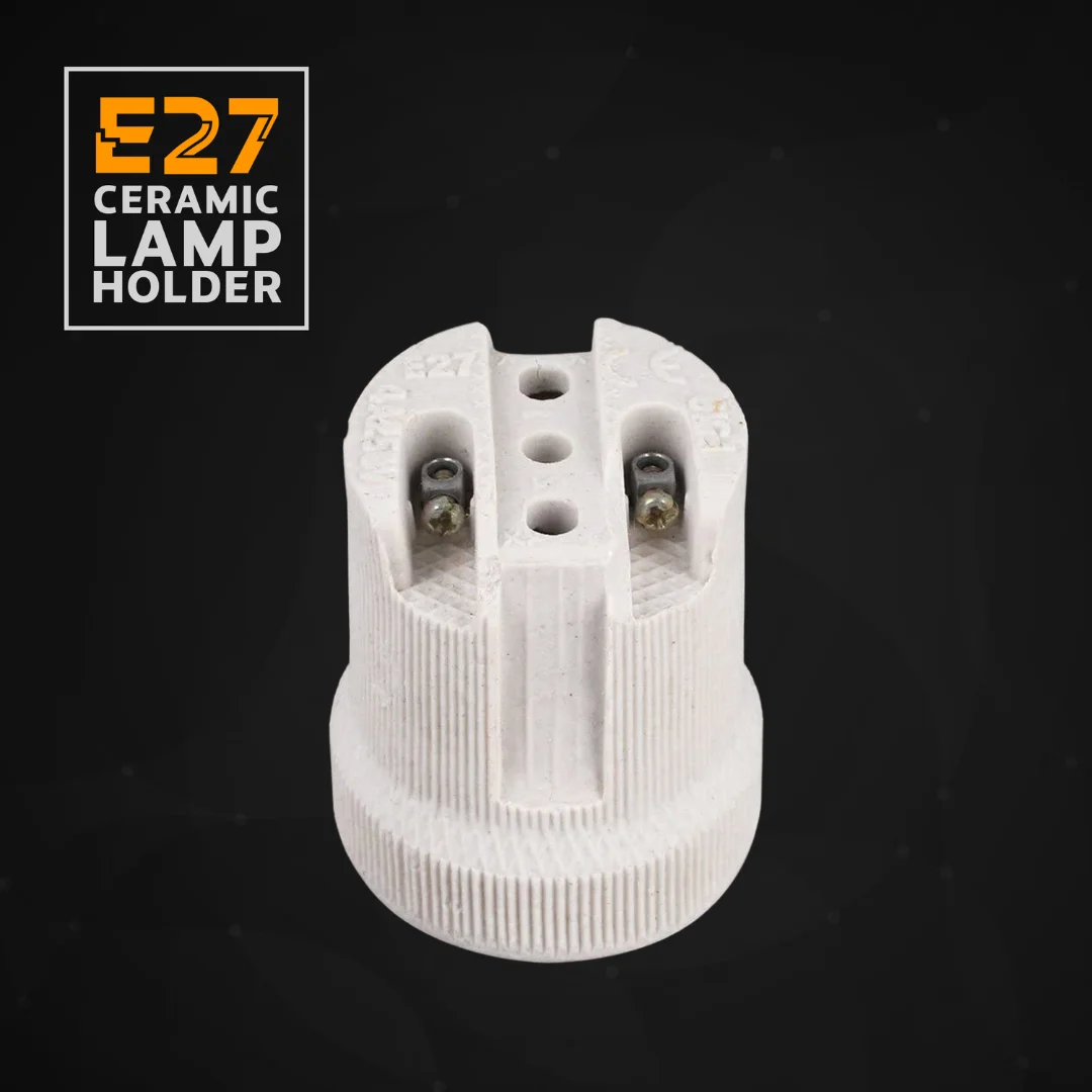 White cylindrical E27 porcelain lampholder with ribbed surface and screw terminal, shown in close‑up.