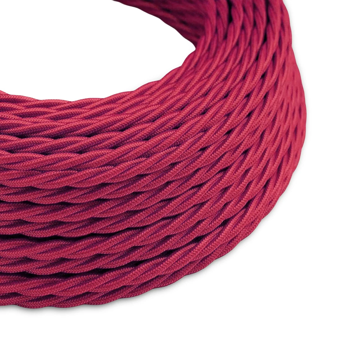 burgundy fabric cable, twisted, 3‑core, Italian braided cloth exterior, copper conductors visible, flexible and elegant