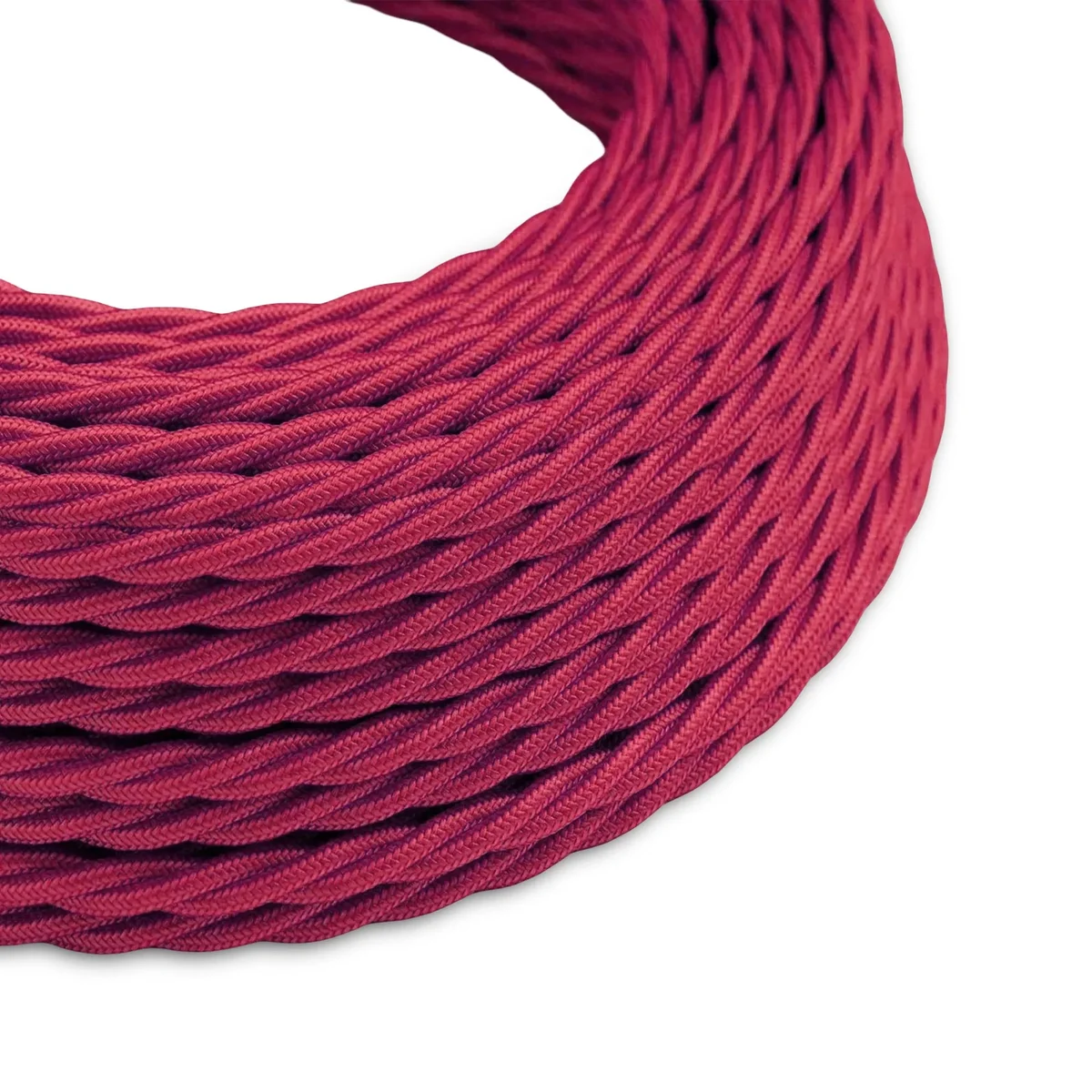 Burgundy twisted fabric cable coiled with 3 cores, Italian braided cloth exterior, 0.75mm copper conductors