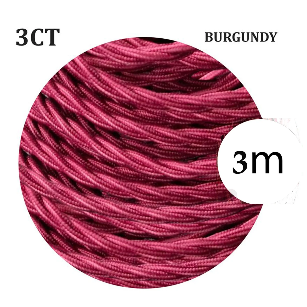 Burgundy twisted fabric electrical cable showing 3 core braided flex with visible coiled strands for decorative wiring.