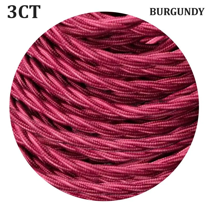 Burgundy industrial style cable, 3‑core twisted fabric, 6mm diameter, 10m continuous length, flexible.