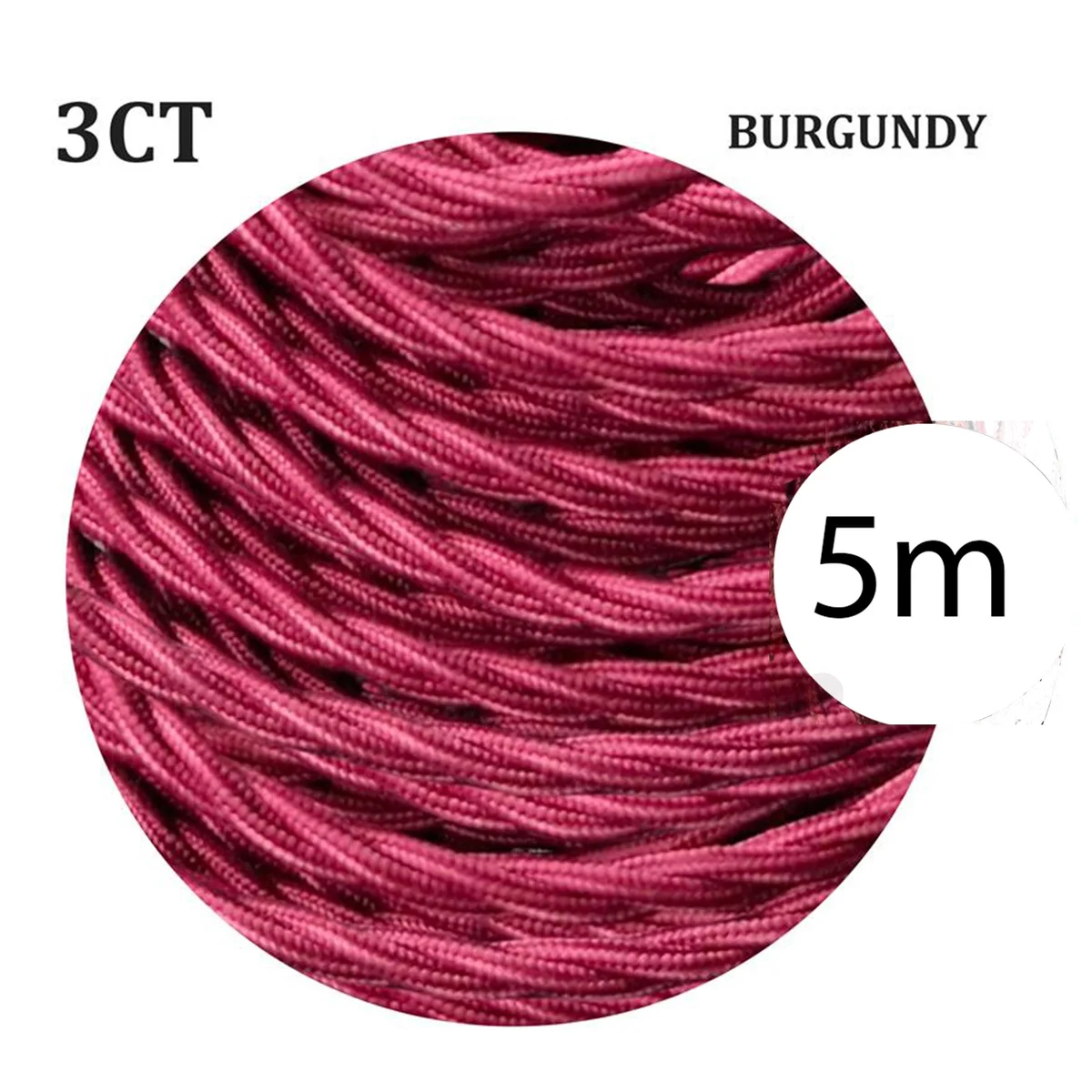 Burgundy 3‑core twisted fabric cable with Italian braided cloth, straight section on white background