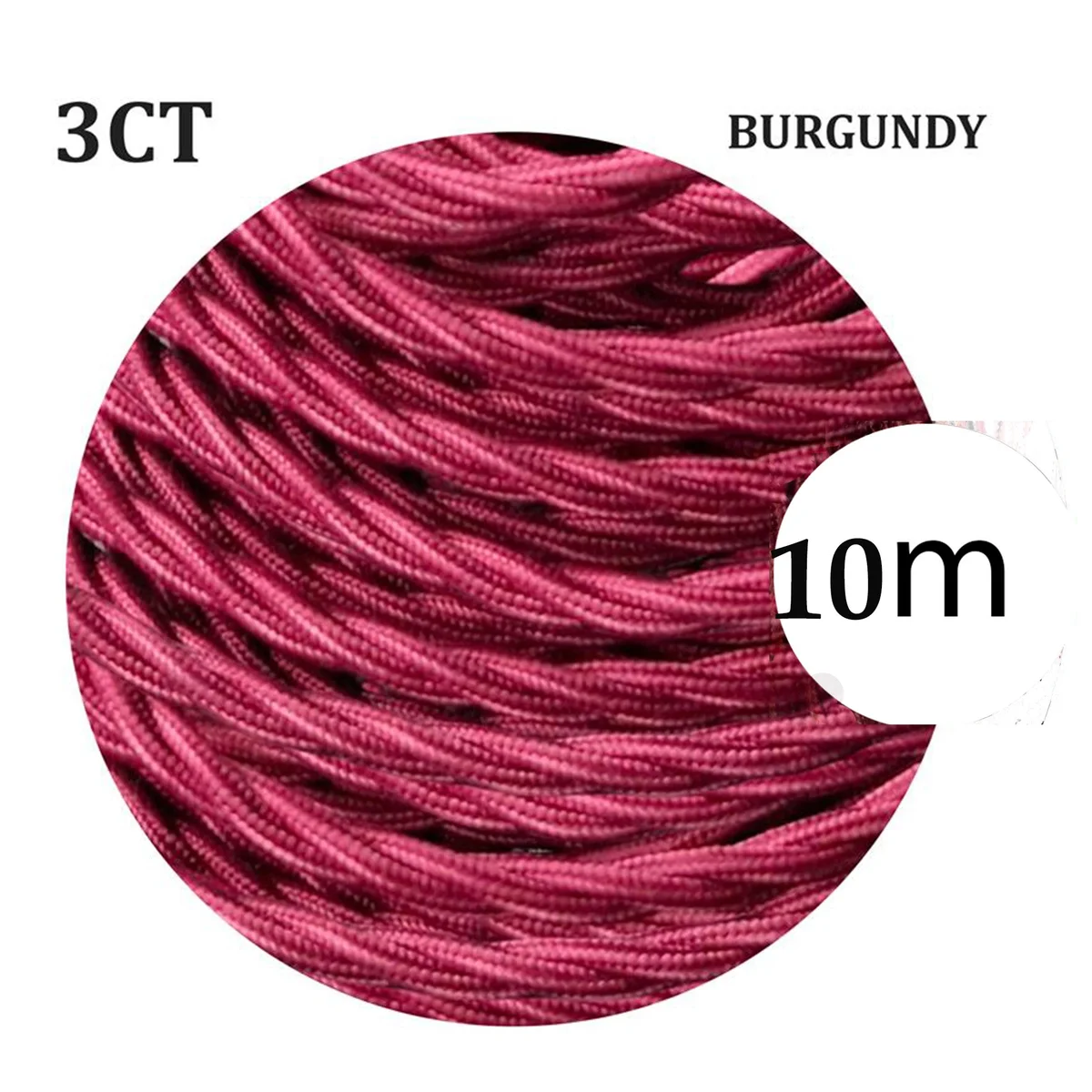 Burgundy fabric cable with twisted 3‑core design, Italian braided cloth exterior, 10m length.