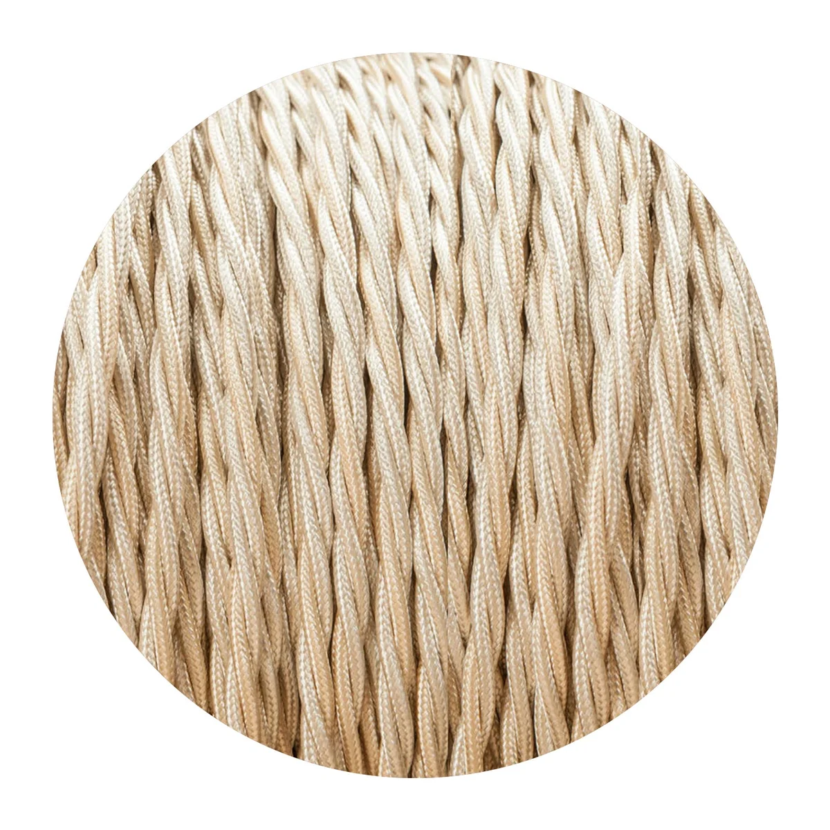 Twisted cloth cable in cream cloth covering with 3 twisted cores, shown on a light fixture.
