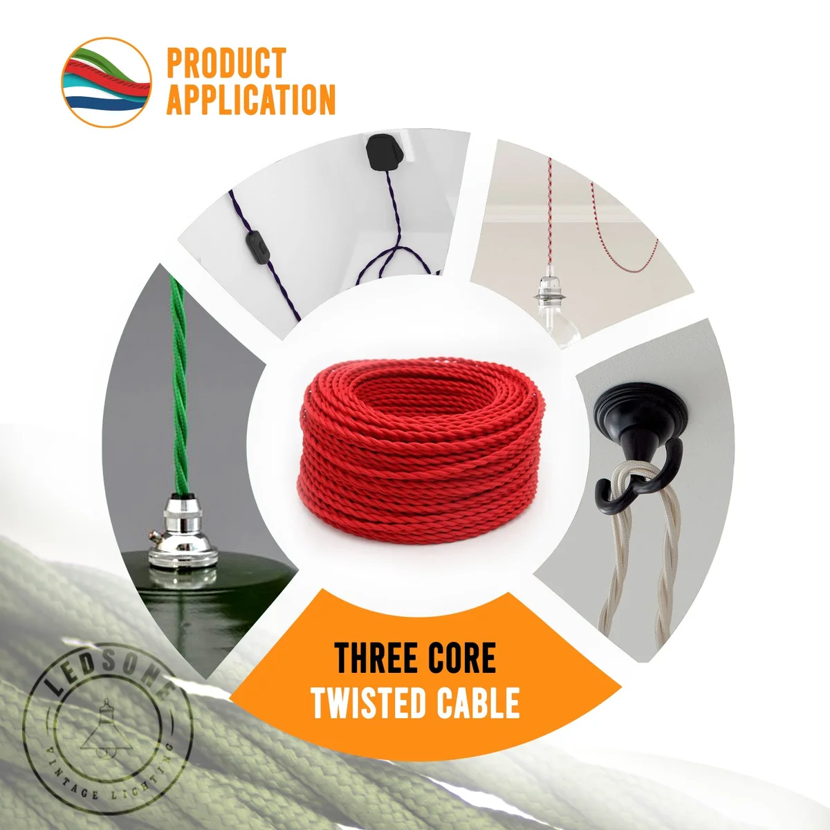 Cream cloth covered 3-core twisted cable with exposed copper, exemplifying a vintage lighting cable