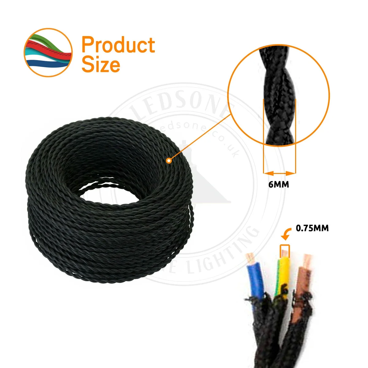 Cream cloth‑covered twisted 3‑core electrical cable, 6mm diameter, bundled in a coil for indoor lighting wire