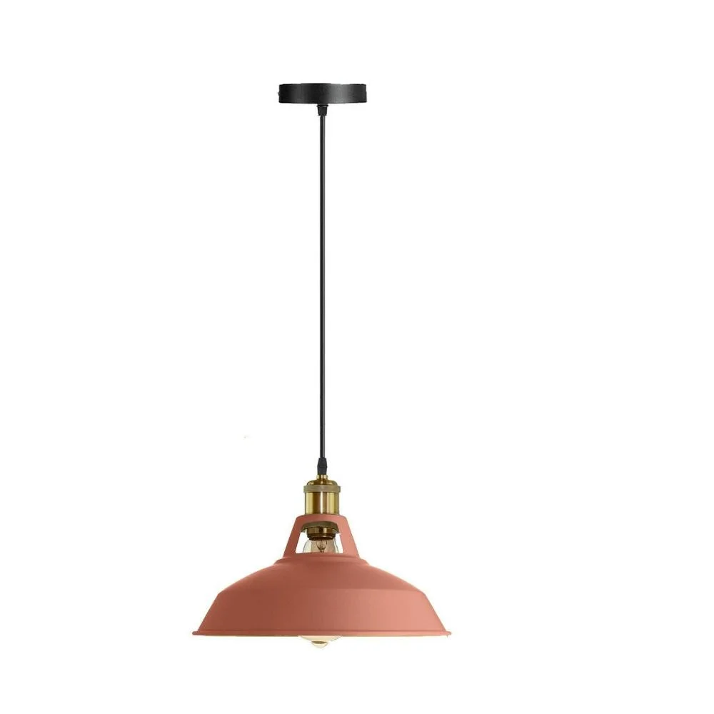 Vintage industrial ceiling light with pink canopy, round metal shade, black fabric wire cable