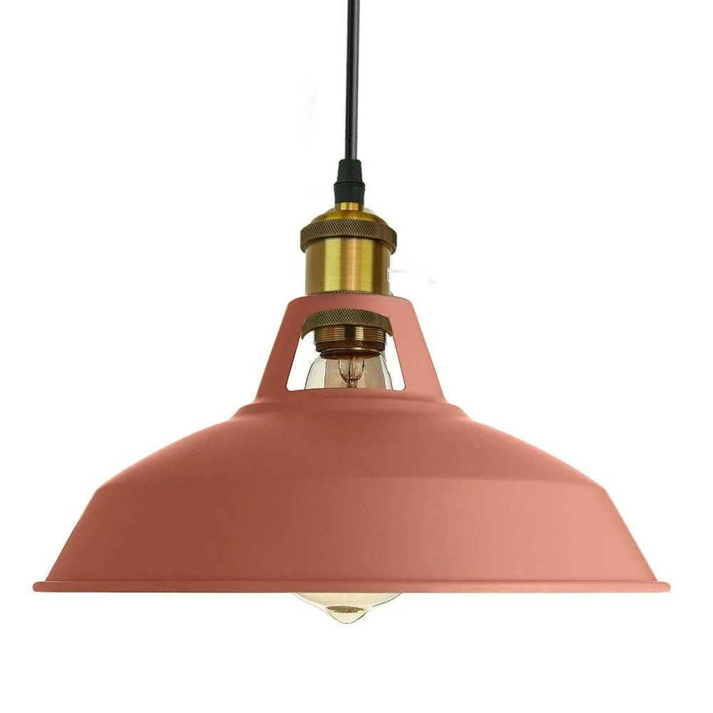 Round metal hanging lamp featuring a pink ceiling lampshade with black fabric cable