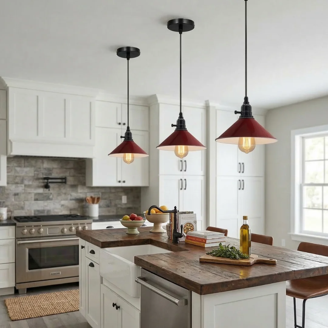 Red pendant light with industrial style, adjustable black fabric cord, conical shade, E27 socket, hanging from ceiling