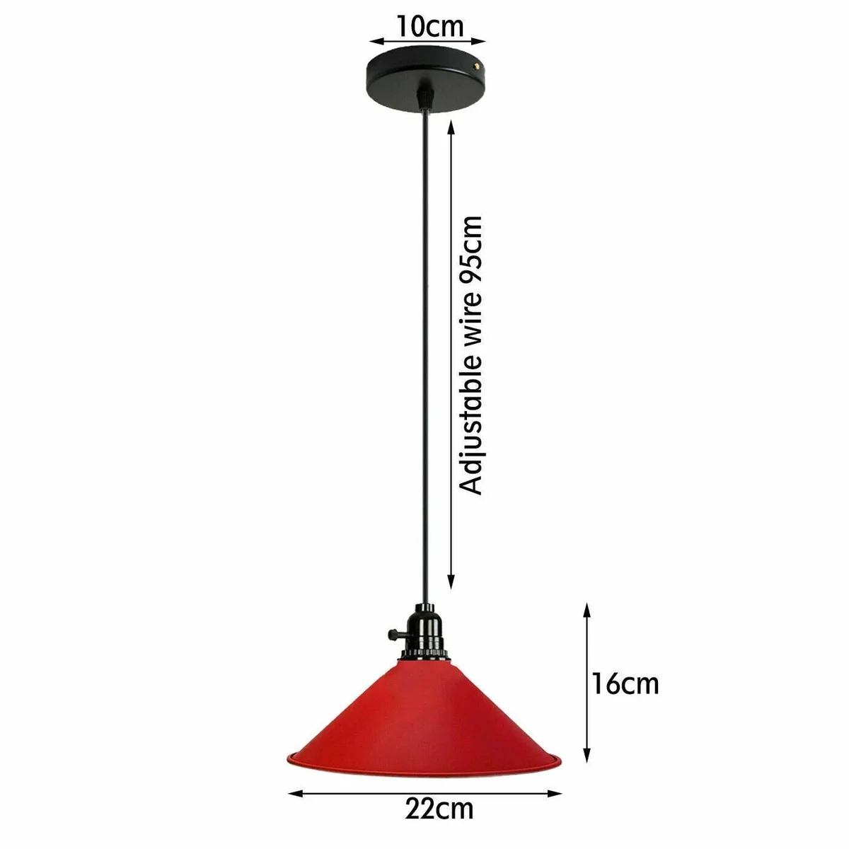 Red industrial pendant lighting with 21 cm conical shade, black adjustable cord, E27 socket, hanging ceiling rose