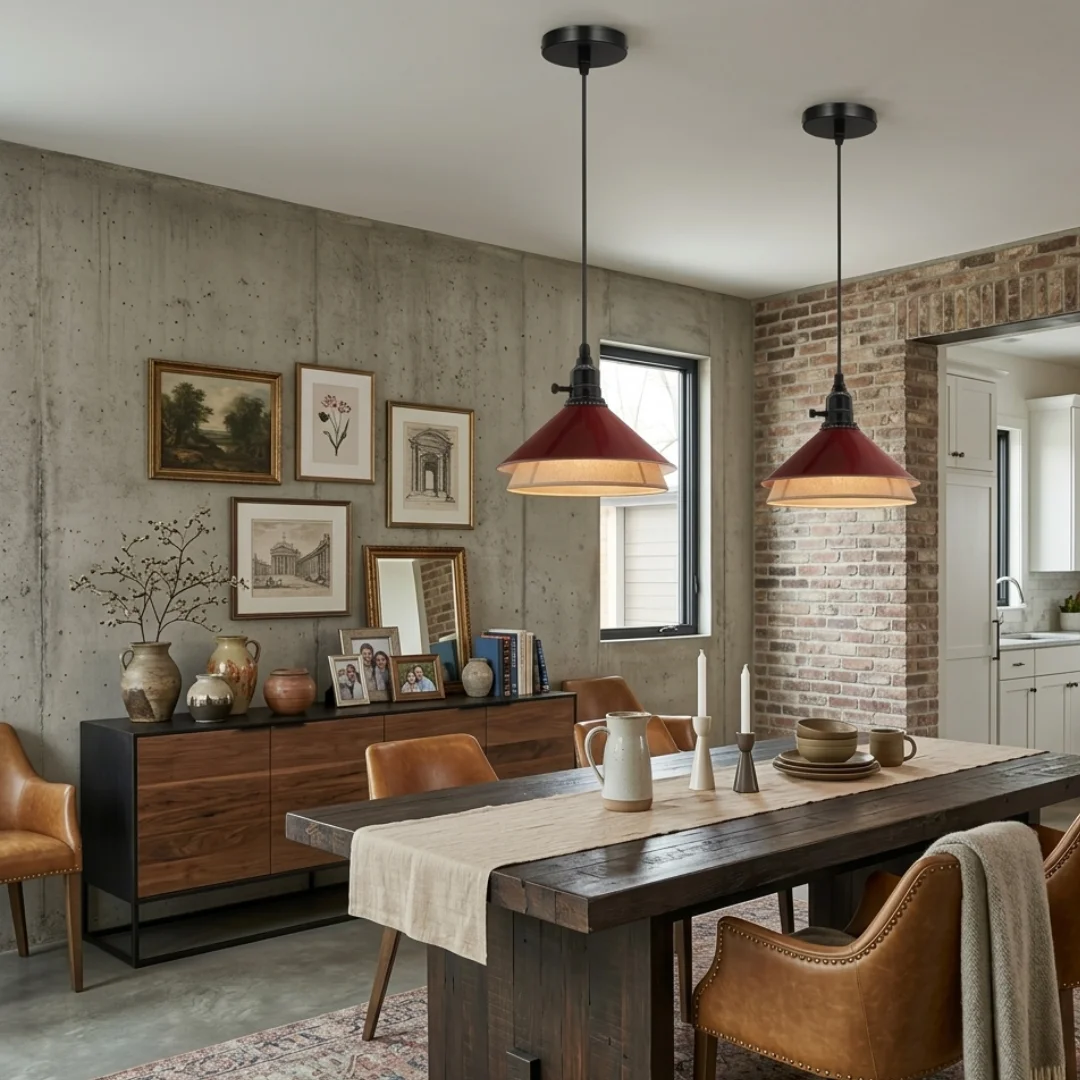 Red industrial adjustable hanging light with black fabric cord, E27 socket, 21 cm shade – ideal for kitchen or bedside