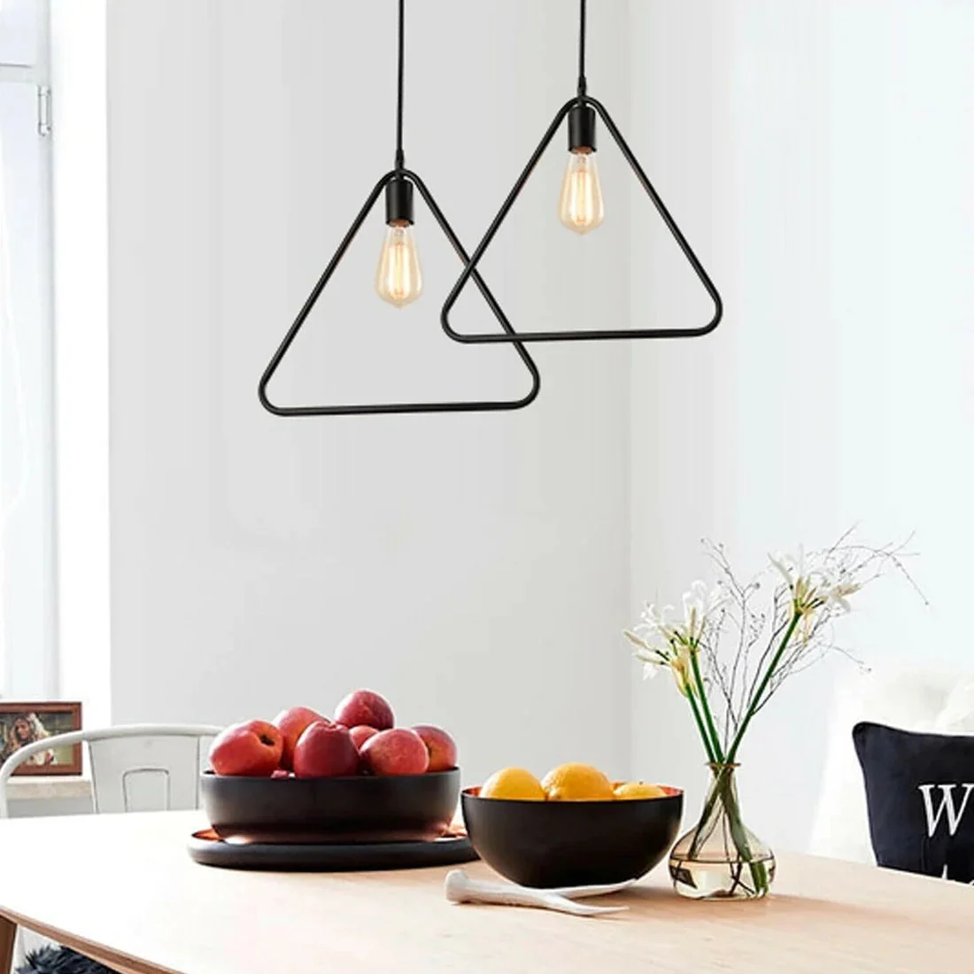 Black round kitchen hanging lights pendant with 37cm black shade, fabric cable, and E27 socket mounted on ceiling canopy.