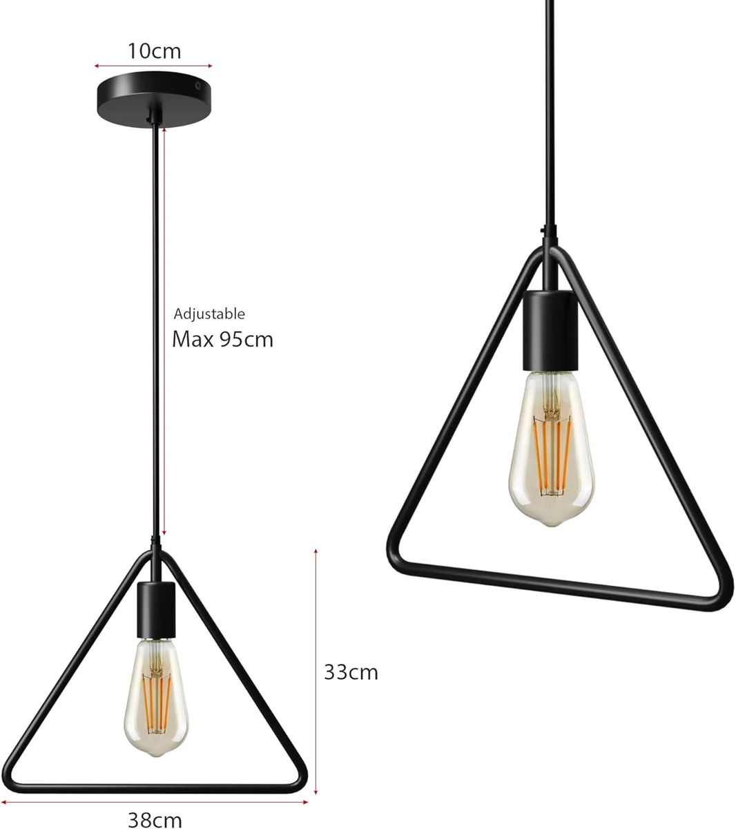 Black round pendant kitchen hanging lights with black fabric cords, 37 cm shade, 33 cm height.
