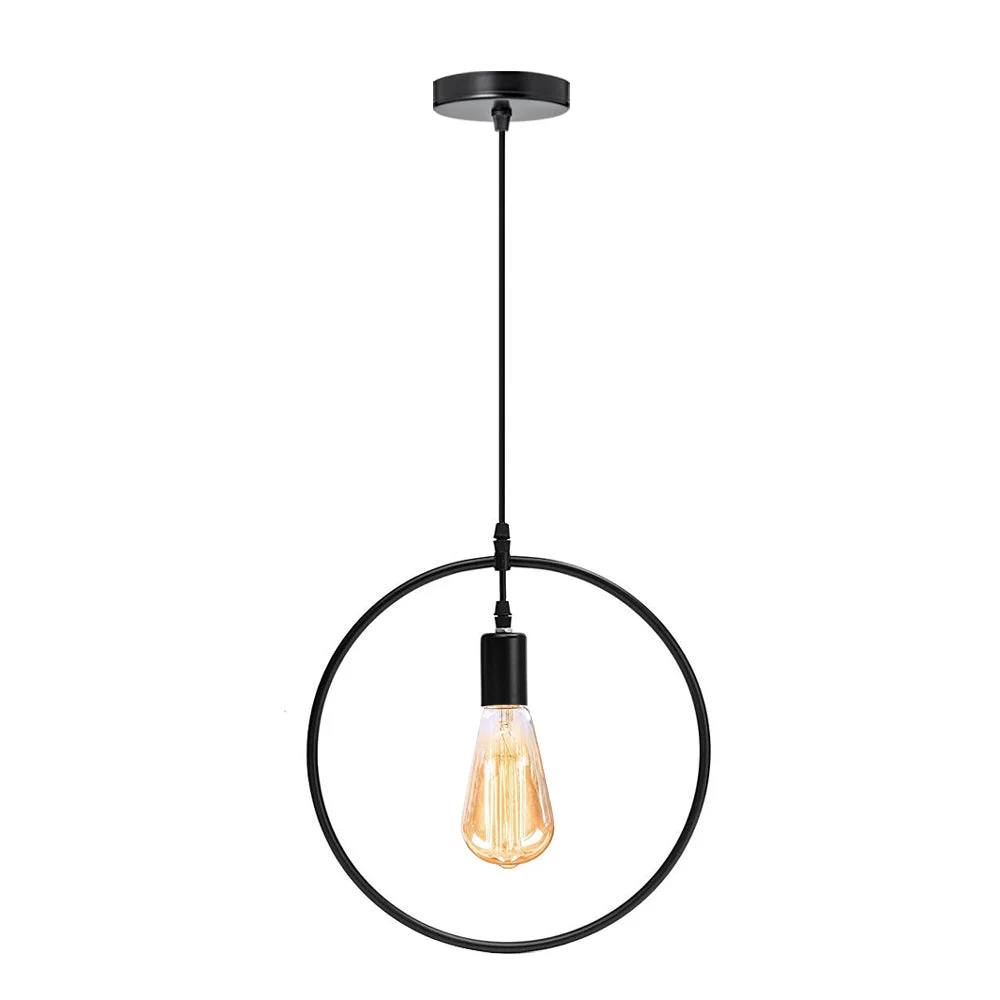 Black metal modern circle pendant light hanging from ceiling, sleek design, 36cm diameter, adjustable cable.
