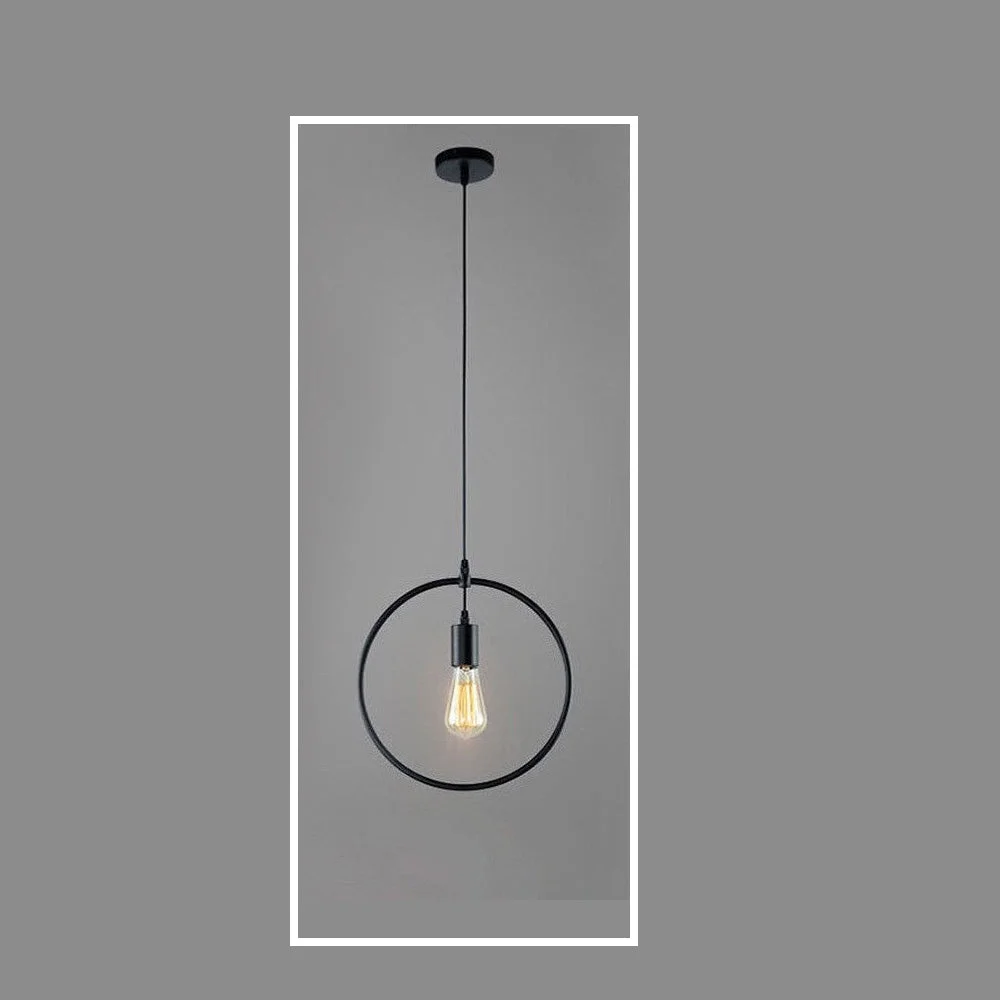 Black metal circular kitchen ceiling light, 36cm diameter, hanging from ceiling, dimmable pendant.