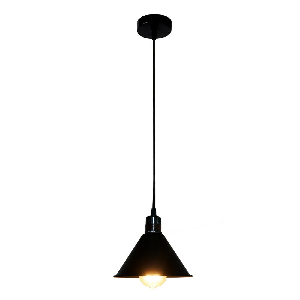Black pendant lamp shade, round 180 mm canopy, 10 cm tall, with black fabric cable and sleek industrial style.